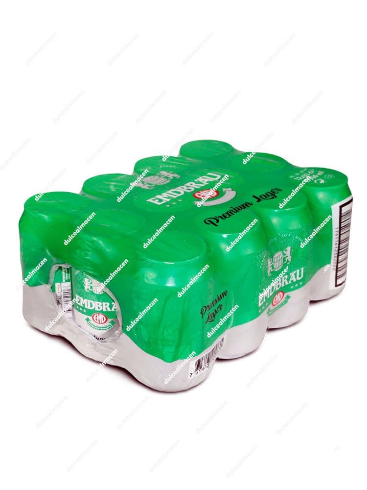 Embrau Cerveza Lata 33 cl envueltas en plástico verde con logotipos blancos y rojos en Dulcealmacen