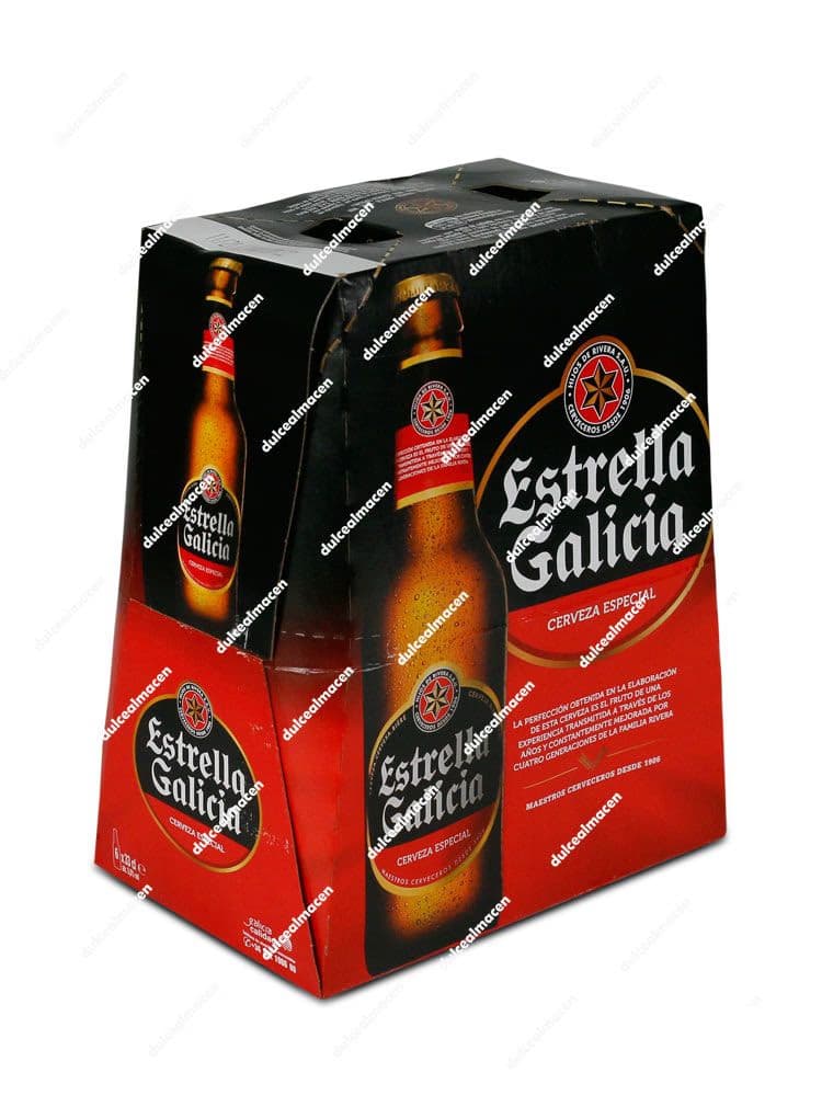 Pack de 6 botellas de vidrio de 33 cl de Cerveza Estrella Galicia Especial en caja de cartón roja y negra - Dulcealmacen
