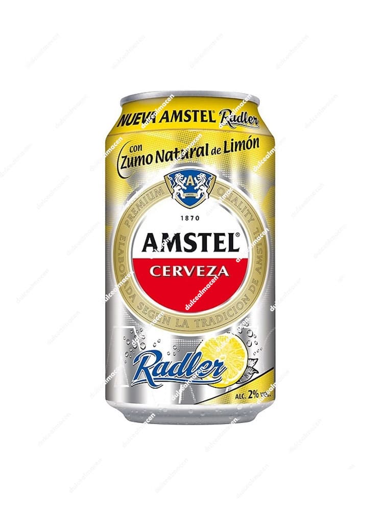 Lata de Amstel Radler 33 cl plateada y amarilla con imagen de limón y el logo de Amstel Cerveza - Dulcealmacen