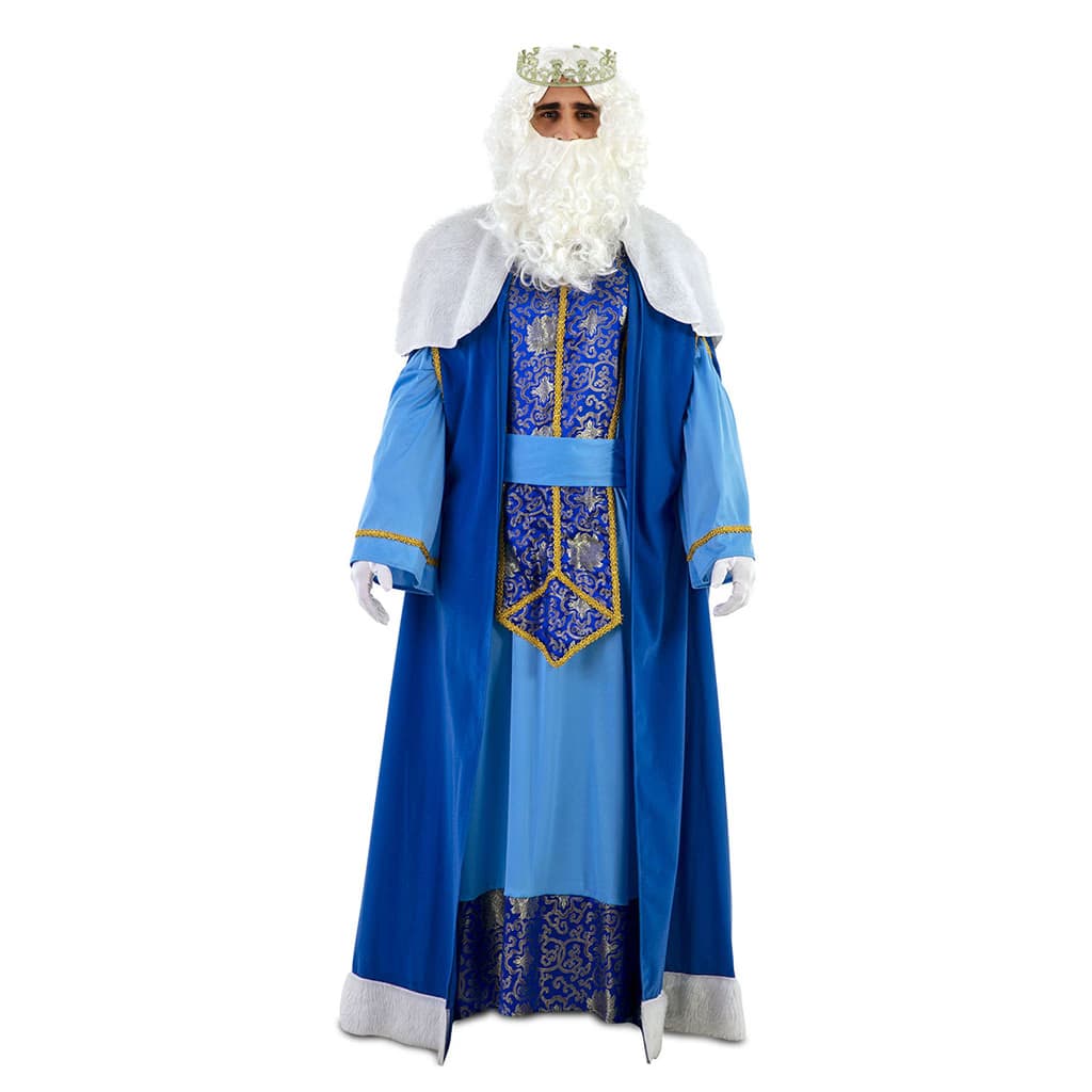 Disfraz de Rey Melchor para Adulto Fyasa con túnica granate, capa azul con cuello de armiño blanco y detalles dorados - Dulcealmacen