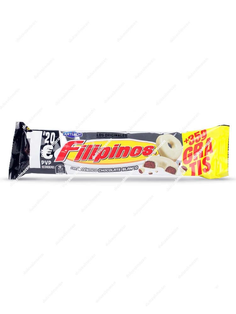 Paquete tubular alargado de galletas Filipinos de Chocolate Blanco de 128 gramos con diseño blanco y negro, mostrando dos rosquillas blancas cortadas en la parte derecha y las indicaciones de PVP recomendado - Dulcealmacen