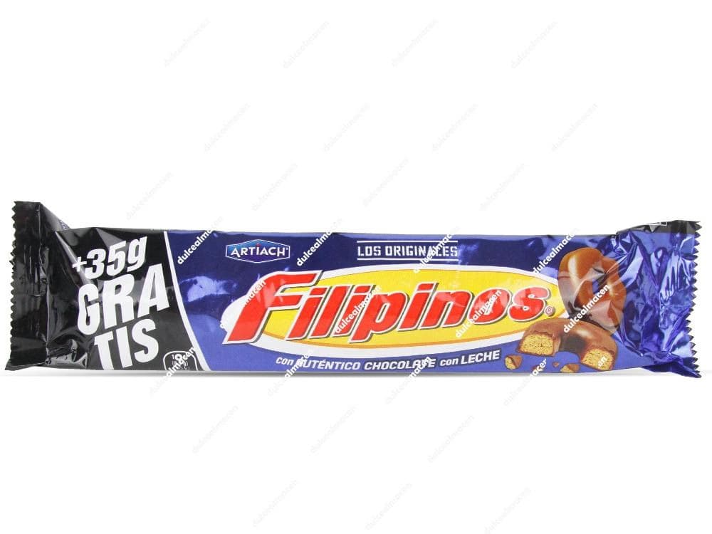 Paquete tubular alargado de galletas Filipinos de Chocolate con Leche de 128 gramos con diseño azul oscuro y amarillo, mostrando dos rosquillas de chocolate con leche cortadas a la derecha y las indicaciones de PVP recomendado - Dulcealmacen