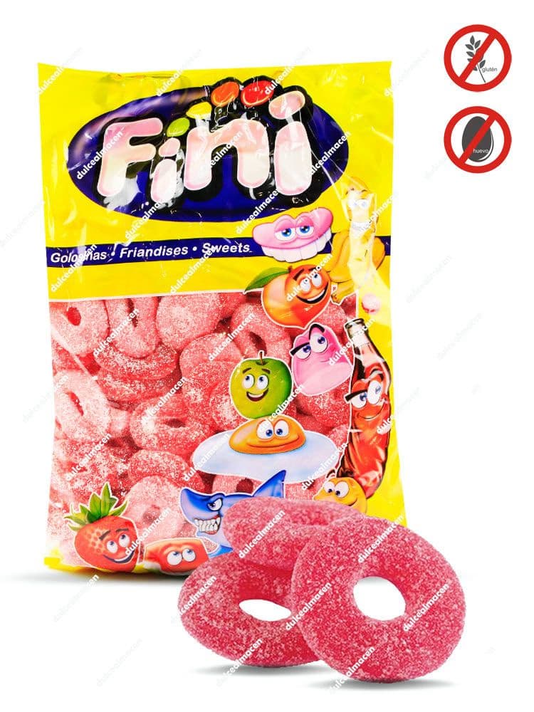 Fini Aros Fresa 1 kg bolsa de gominolas rojas con forma de aro y recubrimiento de pica pica Dulcealmacen
