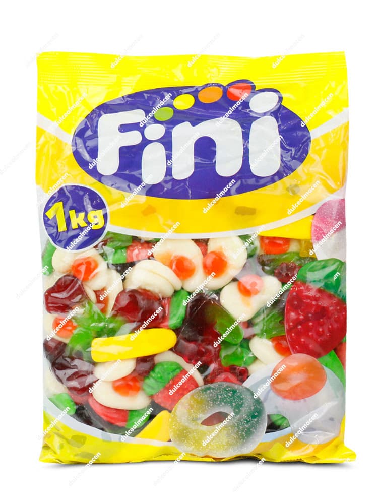Bolsa de Fini Cinema Mix 1 kg mostrando el surtido de gominolas brillantes con huevos y frutas y el sello de Sin Gluten - Dulcealmacen