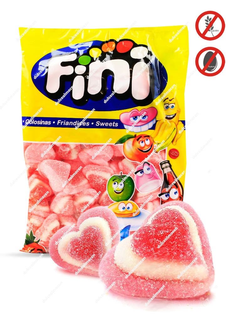 Fini Corazon Tricolor 1 kg bolsa de gominolas con forma de corazon rosa y blanco azucarado sabor fresa nata Dulcealmacen