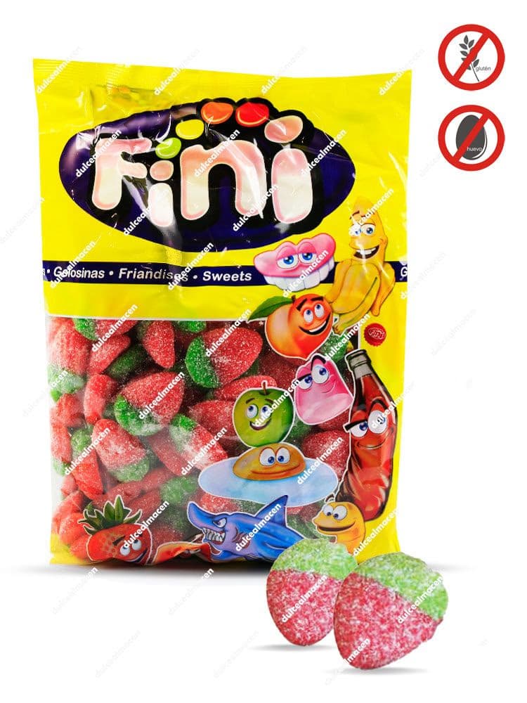 Bolsa de 1 kg de gominolas Fini Fresas Salvajes Pica, mostrando chuches de fresa recubiertas de azúcar ácido con sellos de libre de gluten y libre de huevo - Dulcealmacen
