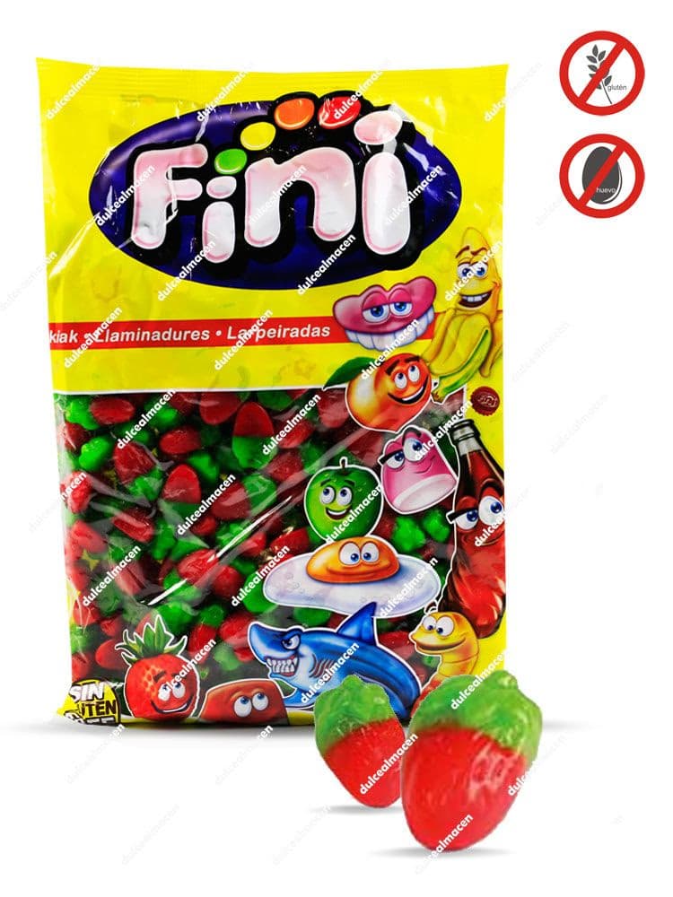 Bolsa de 1 kg de gominolas Fini Mini Fresas Salvajes con acabado brillo, destacando los sellos sin gluten y sin huevo - Dulcealmacen