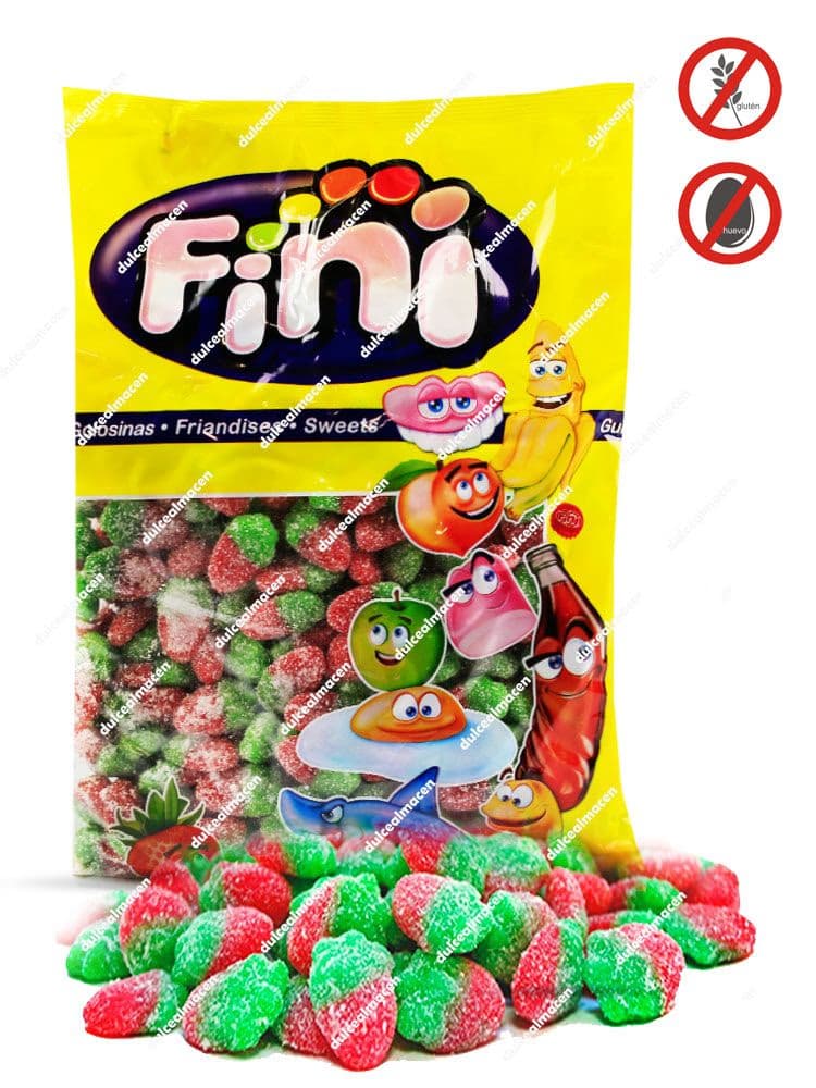 Bolsa de 1 kg de gominolas Fini Mini Fresas Salvajes con recubrimiento de azúcar ácido, mostrando los sellos sin gluten y sin huevo - Dulcealmacen