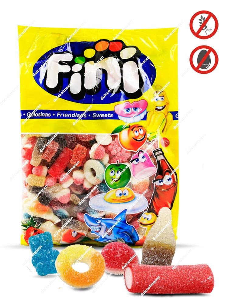 Bolsa amarilla de 1 kg de Fini Mix Goma Pica mostrando una variada mezcla de gominolas ácidas con azúcar, incluyendo aros, tiburones y botellas de cola - Dulcealmacen