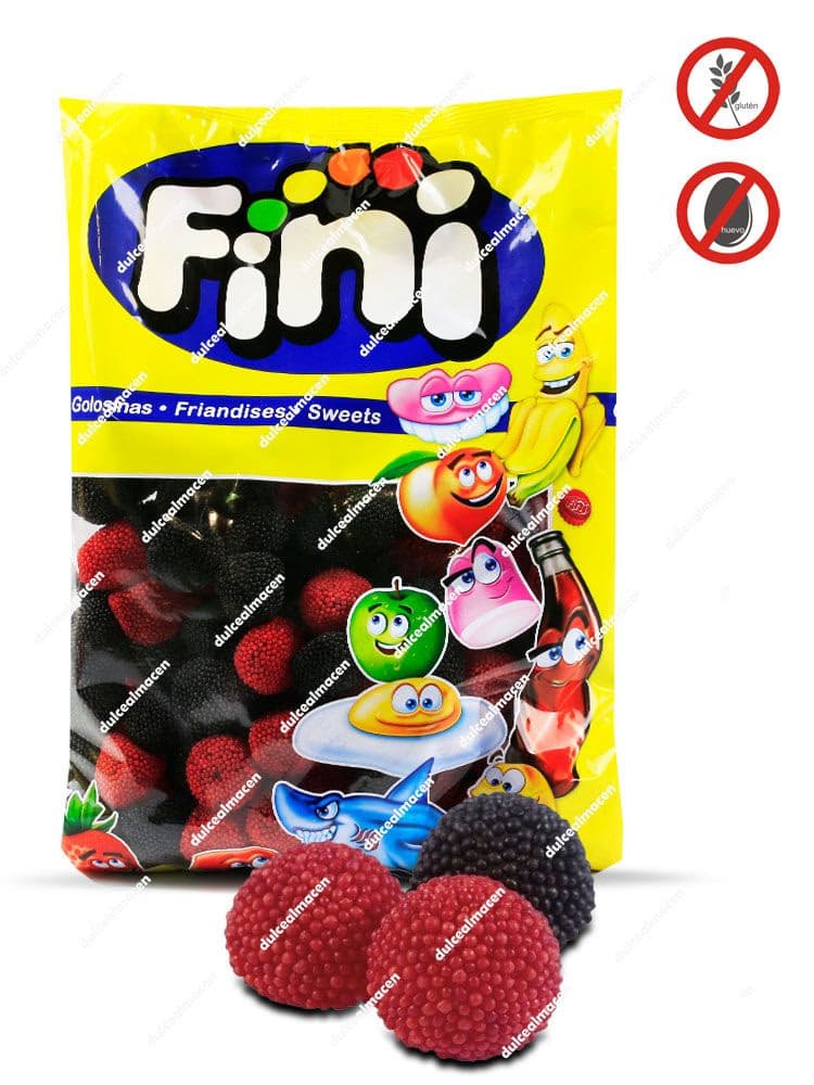 Bolsa amarilla de Fini Moras Grandes de 1 kg con ilustraciones de frutas y caramelos, mostrando en primer plano tres moras grandes rojas y negras con cobertura de bolitas de azúcar - Dulcealmacen