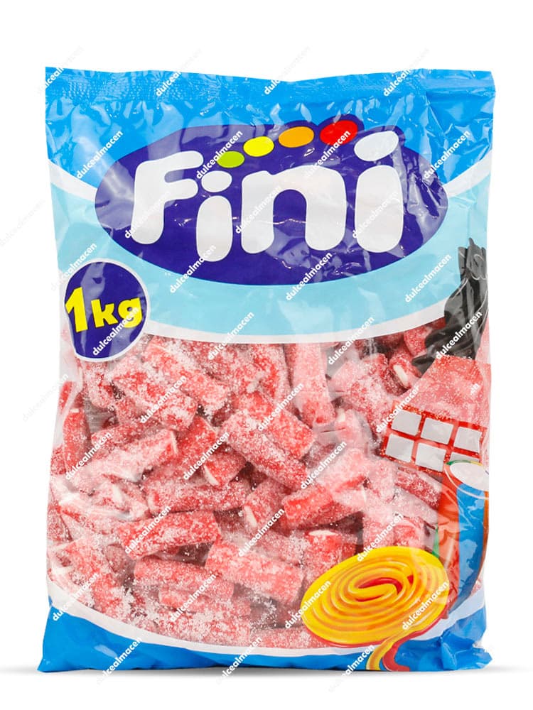 Bolsa de 1kg de Fini Taco Rellepica Rojo Fresa mostrando los tacos de regaliz rojos con cobertura de pica y relleno blanco - Dulcealmacen