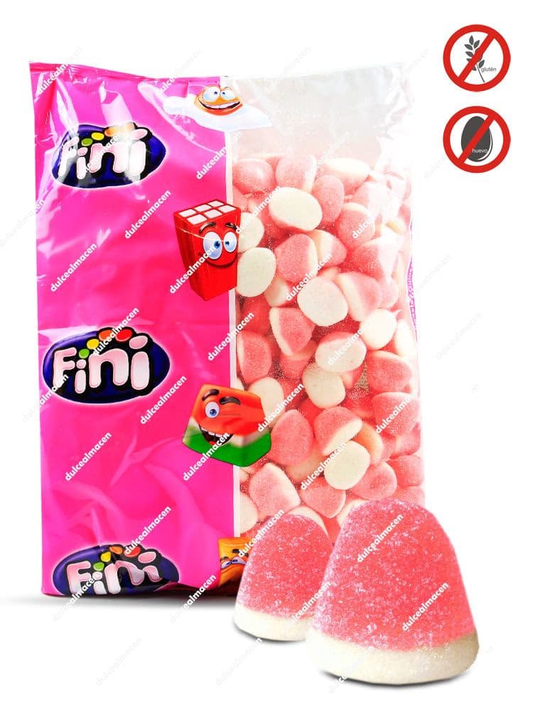 Bolsa de 250 unidades de gominolas Fini Besos Fresa, mostrando chuches de espuma bicolor rosa y blanca con sellos de libre de gluten y libre de huevo - Dulcealmacen