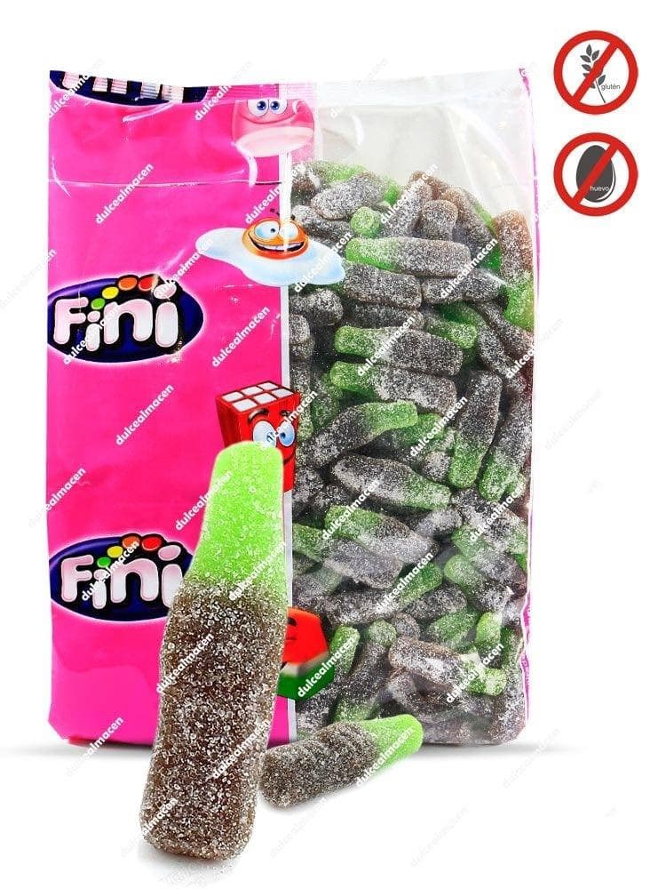 Bolsa de 250 unidades de gominolas con forma de botella de cola y cobertura de azúcar de la marca Fini, producto sin gluten y sin huevo - Dulcealmacen