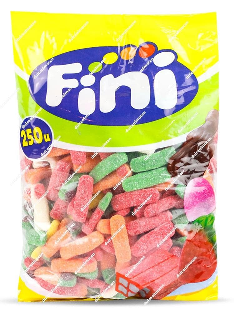 Bolsa amarilla de gominolas Fini Dedos Pica 250U mostrando los dedos de gelatina de variados colores con cobertura de azúcar pica pica - Dulcealmacen