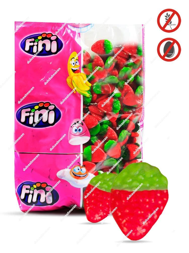 Bolsa de 250 unidades de gominolas Fini Fresa Salvaje Brillo, mostrando chuches con forma de fresa roja y verde, con sellos de libre de gluten y libre de huevo - Dulcealmacen