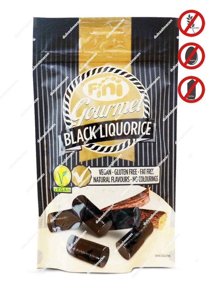 Bolsa de 180 g de regaliz negro Fini Gourmet con sellos de producto vegano, sin gluten, sin grasa y sin huevo - Dulcealmacen