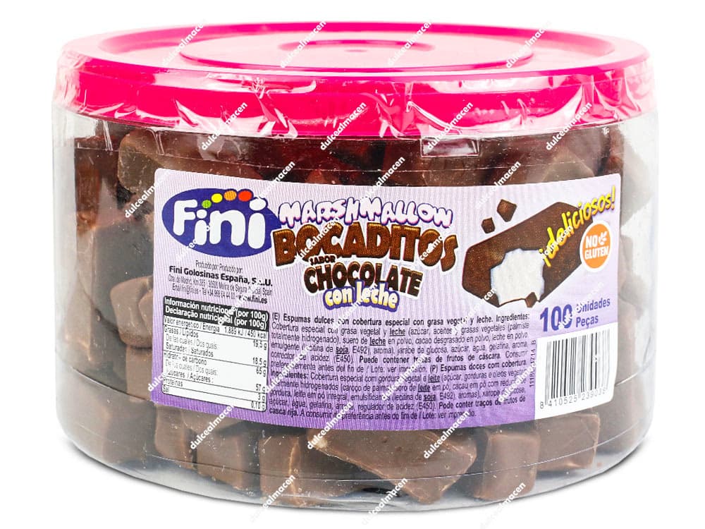 Bote transparente de 100 unidades de Fini Marshmallow Bocaditos sabor chocolate con leche con tapa rosa - Dulcealmacen