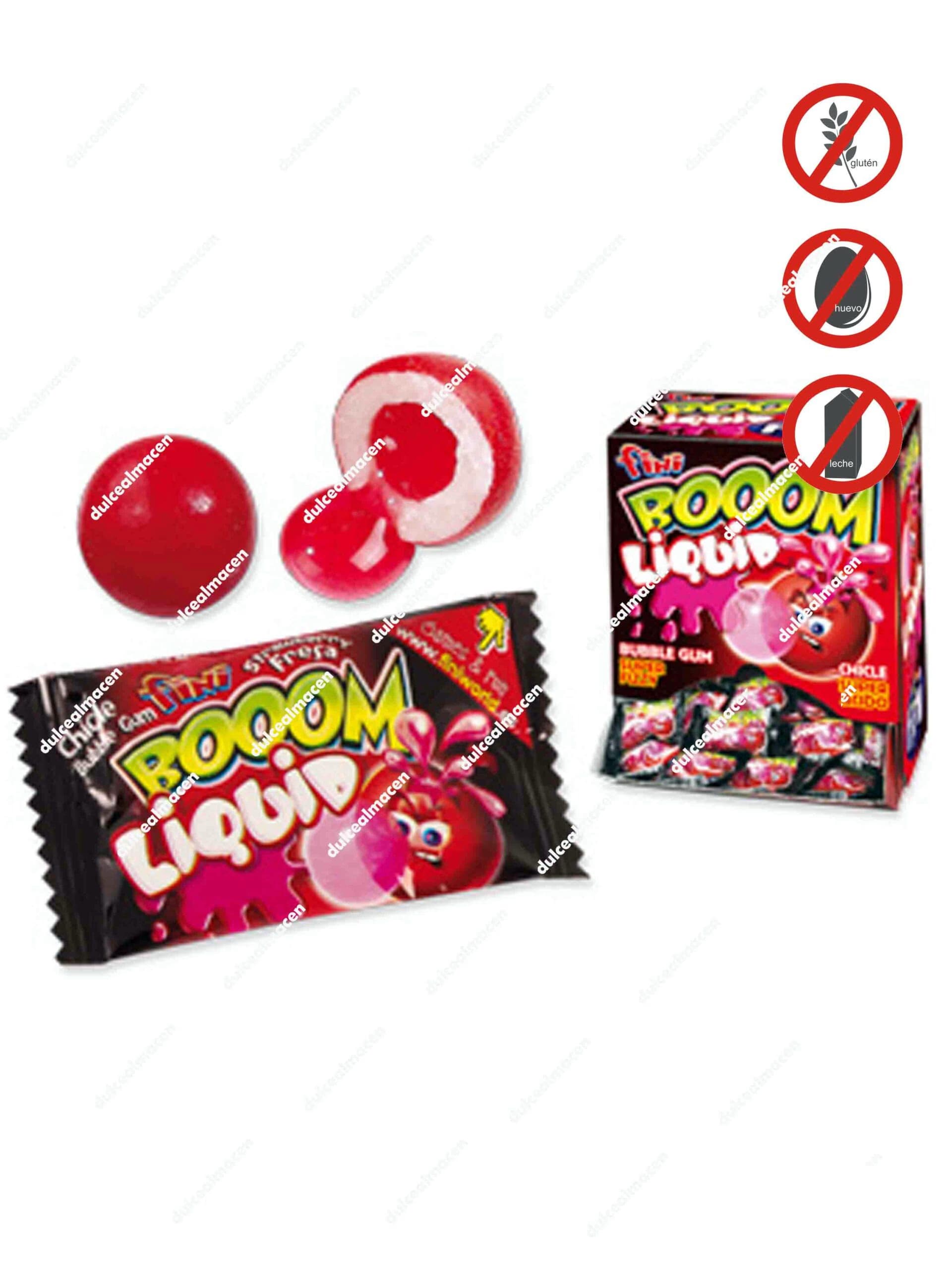Caja de chicles Fini Boom Liquido de 200 unidades con bolas de chicle rellenas de liquido acido sabor fresa de Dulcealmacen