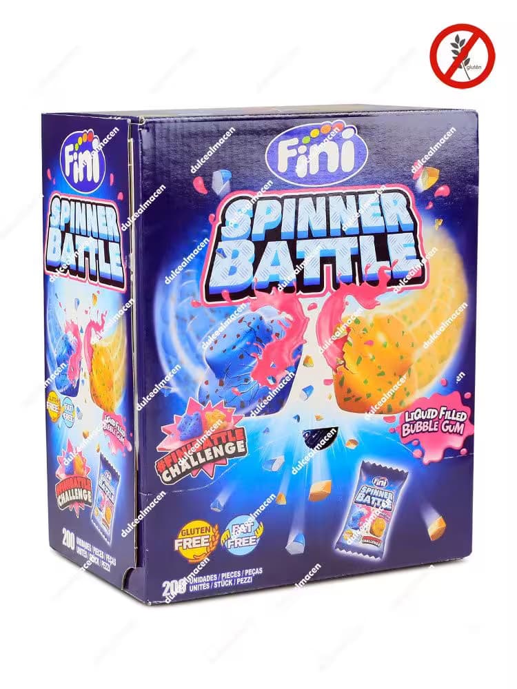 Caja expositora de 200 unidades de chicles Fini Boom Spinner Battle con relleno líquido y certificado sin gluten - Dulcealmacen