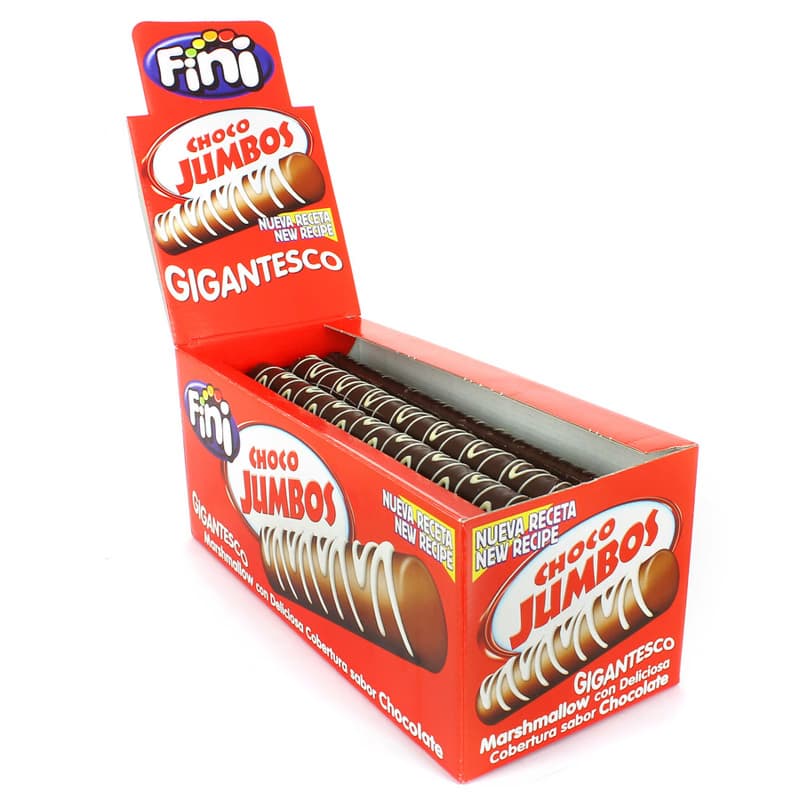 Caja roja expositora de Fini Choco Jumbos mostrando marshmallows gigantes recubiertos de chocolate con decoración de líneas blancas - Dulcealmacen