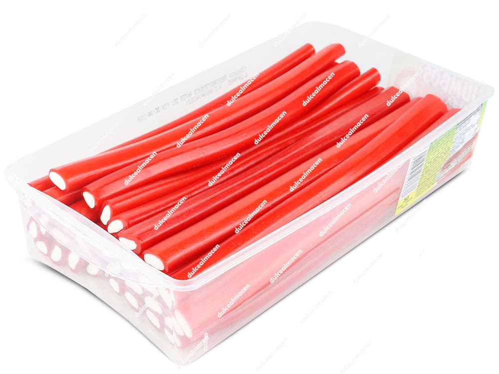 Estuche de 30 unidades de regaliz Fini Jumbo Fresa Brillo, piezas largas de color rojo brillante con relleno de nata blanco - Dulcealmacen