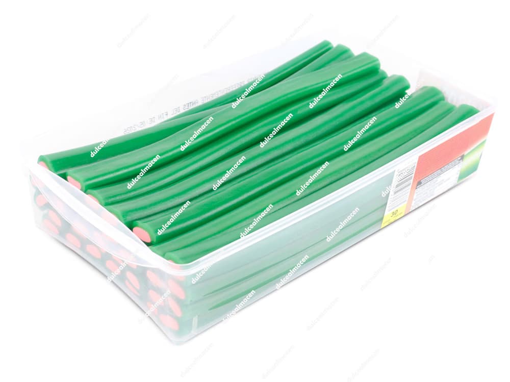 Caja de 30 unidades de Regaliz Fini Jumbo sabor sandía con acabado brillante, piezas largas de color rojo con relleno blanco - Dulcealmacen
