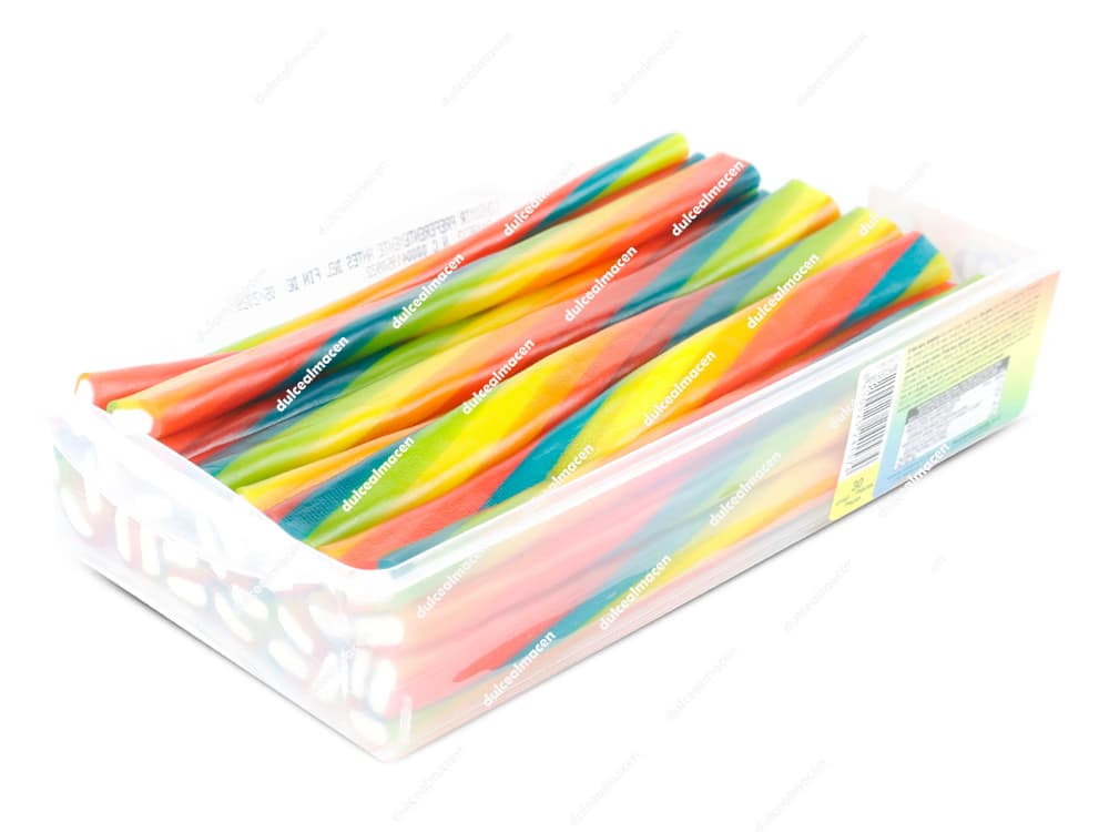 Estuche de 30 unidades de regaliz Fini Jumbo Tornado Colores, piezas largas con bandas rojas, amarillas, verdes y azules en espiral y relleno de nata blanco - Dulcealmacen