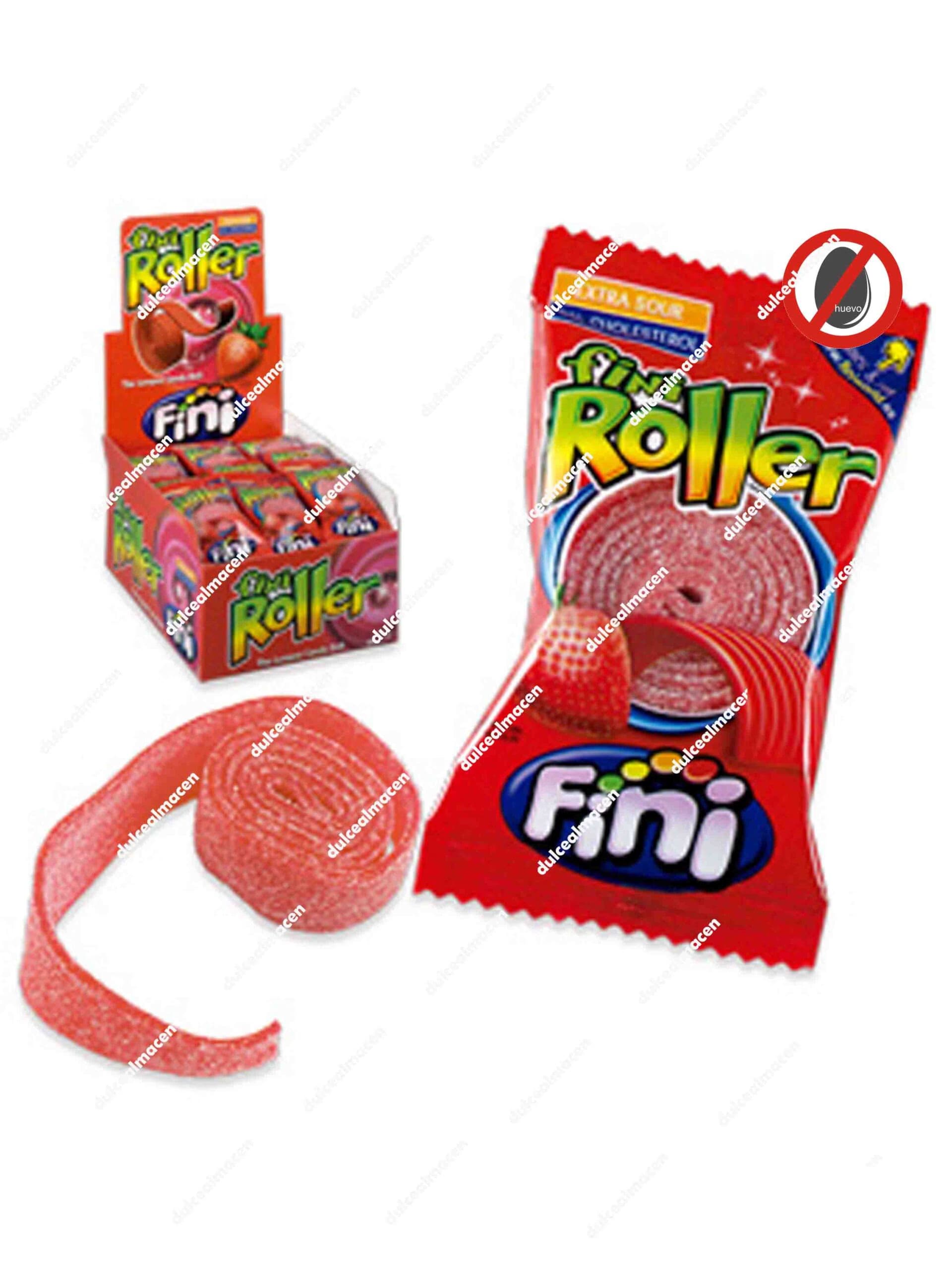 Caja expositora de Fini roller fresa 18 uds y unidad individual desenrollada con sello de sin huevo - Dulcealmacen