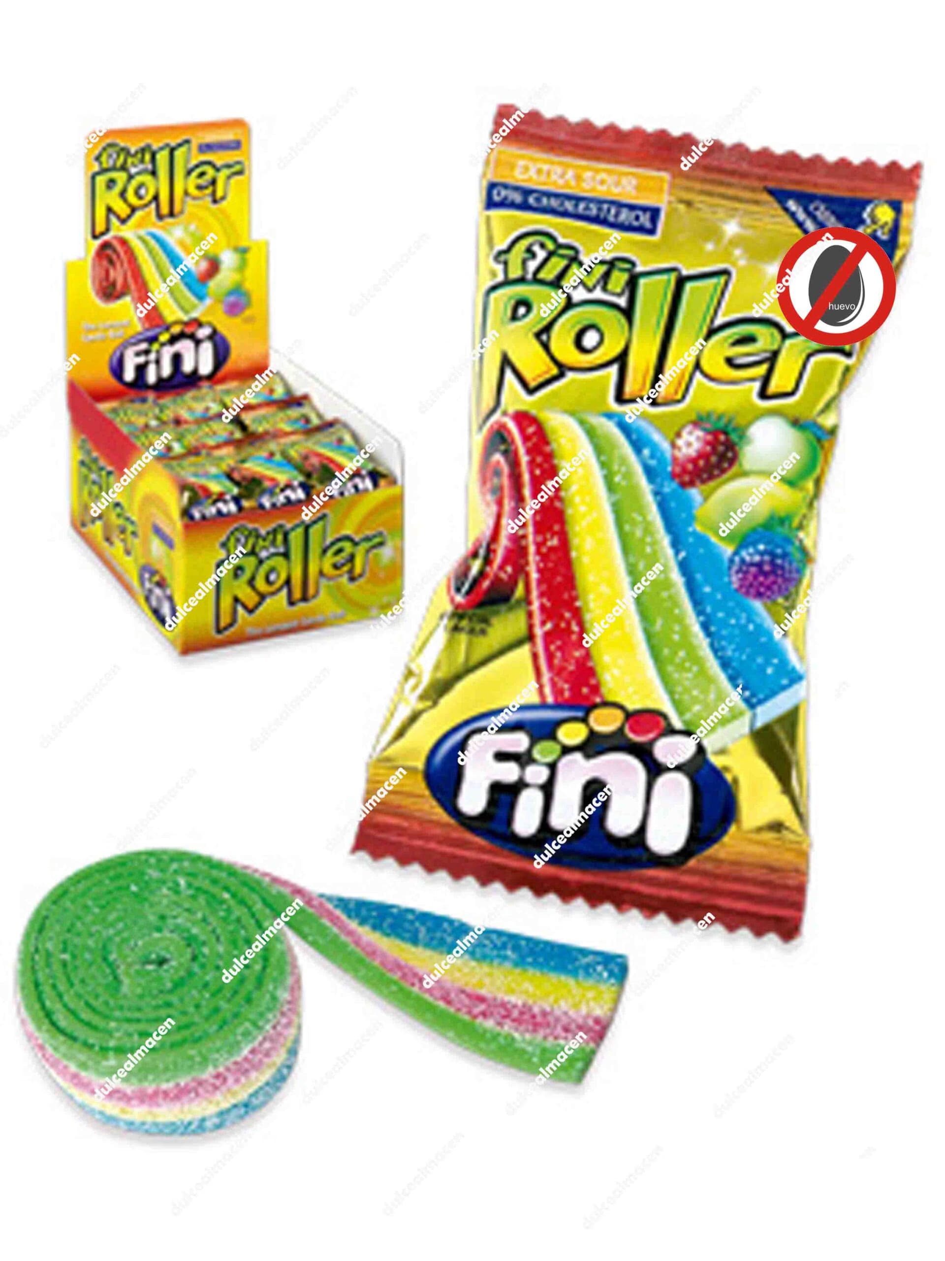 Caja expositora de Fini roller multicolor 18 uds con lengua enrollada arcoíris y sellos de sin huevo y 0% colesterol - Dulcealmacen