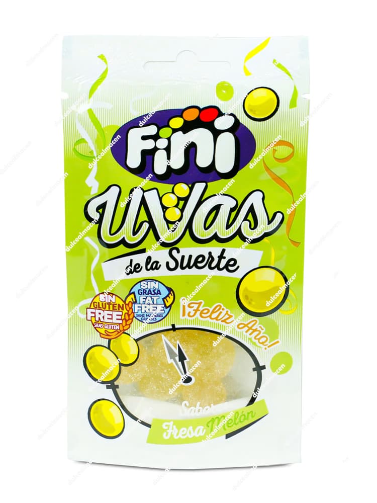 Pack de 12 gominolas Fini Uvas de la Suerte de color verde, presentadas como alternativa a las uvas naturales para Nochevieja - Dulcealmacen