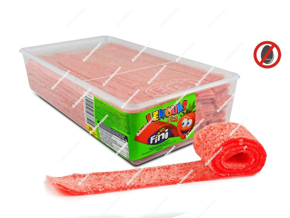 Fini Lenguas Fresa 200 uds tarrina de tiras de regaliz plano rojo con pica pica sabor fresa Dulcealmacen