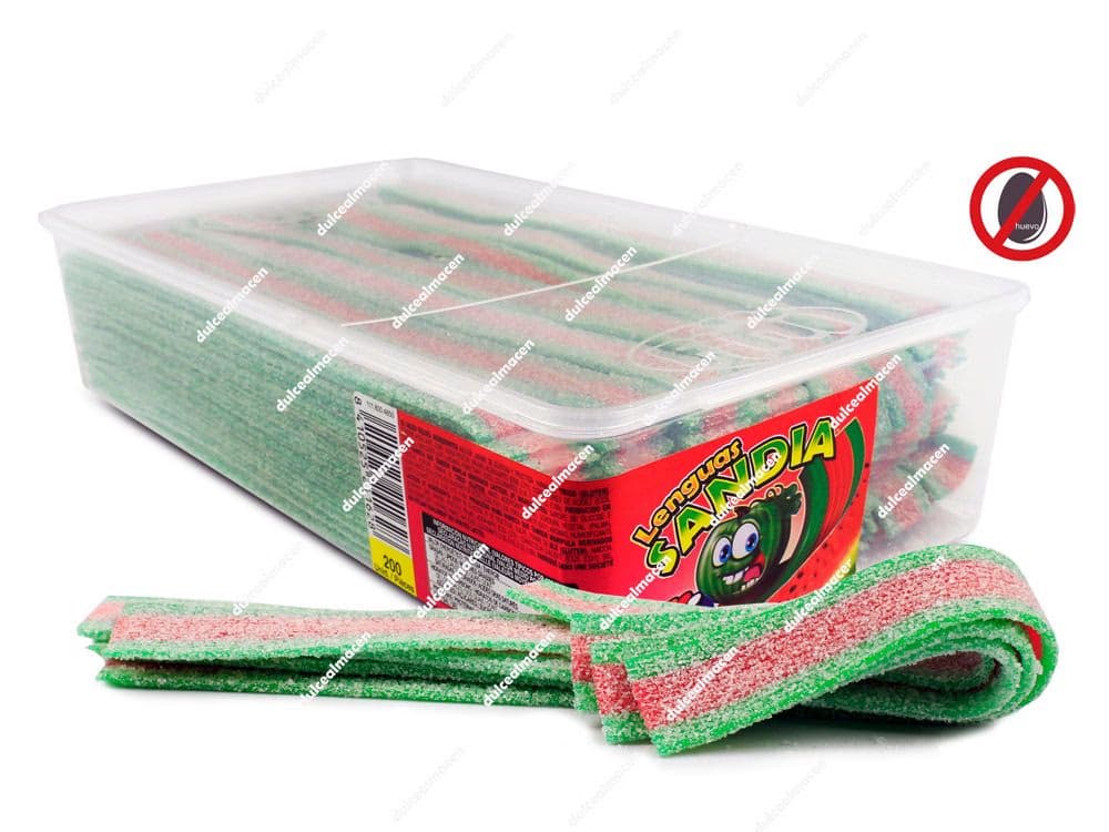 Fini Lenguas Sandía 200 uds tarrina de cintas de regaliz picoso verde y rosa sabor sandia Dulcealmacen