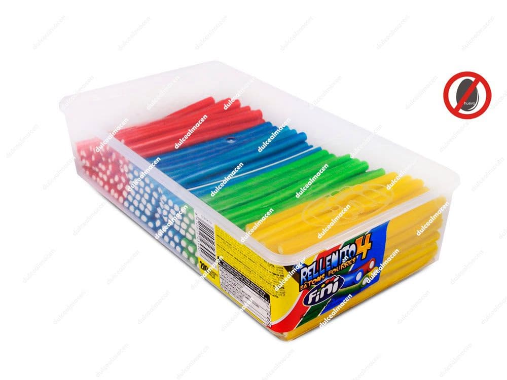 Estuche transparente con 200 unidades de regaliz relleno Fini Rellenitos 4 Sabores divididos por colores: rojo, azul, verde y amarillo con sello de sin huevo - Dulcealmacen