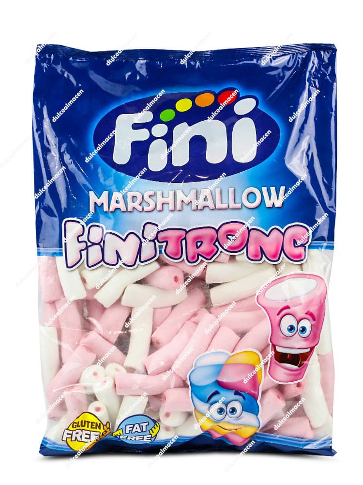 Bolsa azul de Finitronc Nubes Rellenas 125 uds de la marca Fini mostrando las golosinas blancas y rosas con sellos de sin gluten y 0% grasa - Dulcealmacen