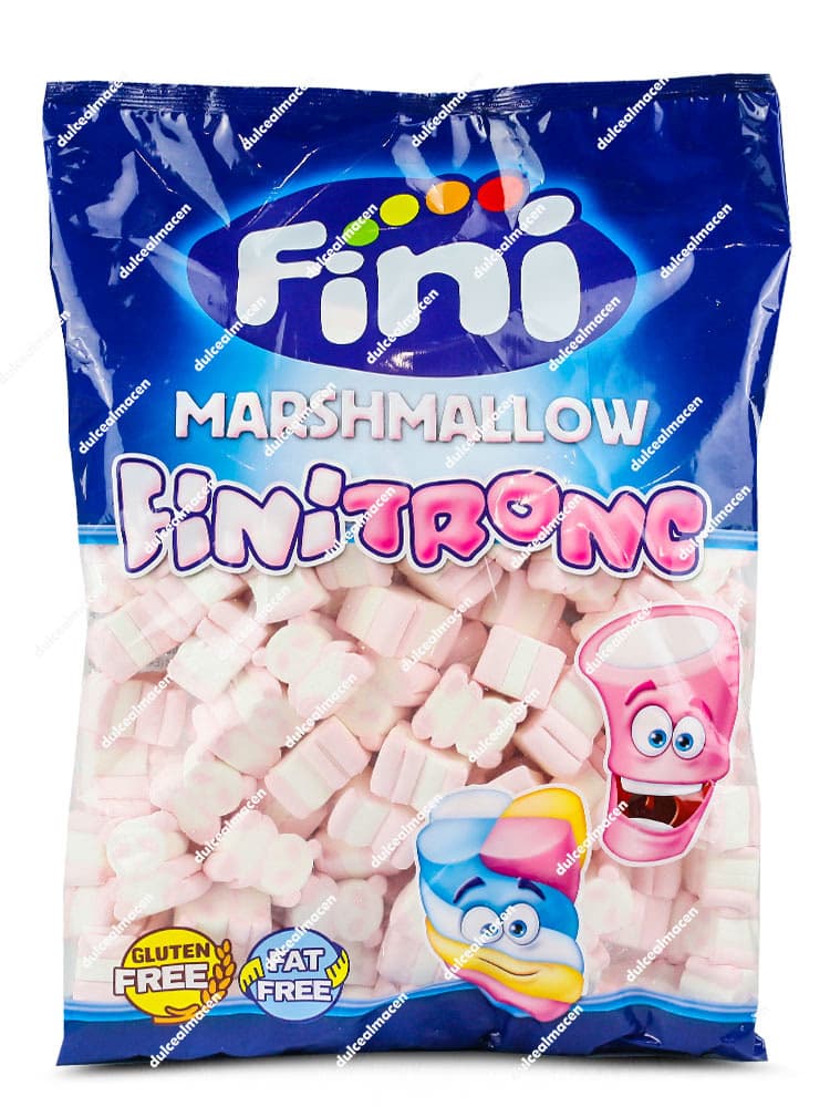 Bolsa de 125 unidades de marshmallows Fini Finitronc Osos, mostrando nubes en forma de osito bicolor rosa y blanco con sellos de sin gluten y sin grasa - Dulcealmacen