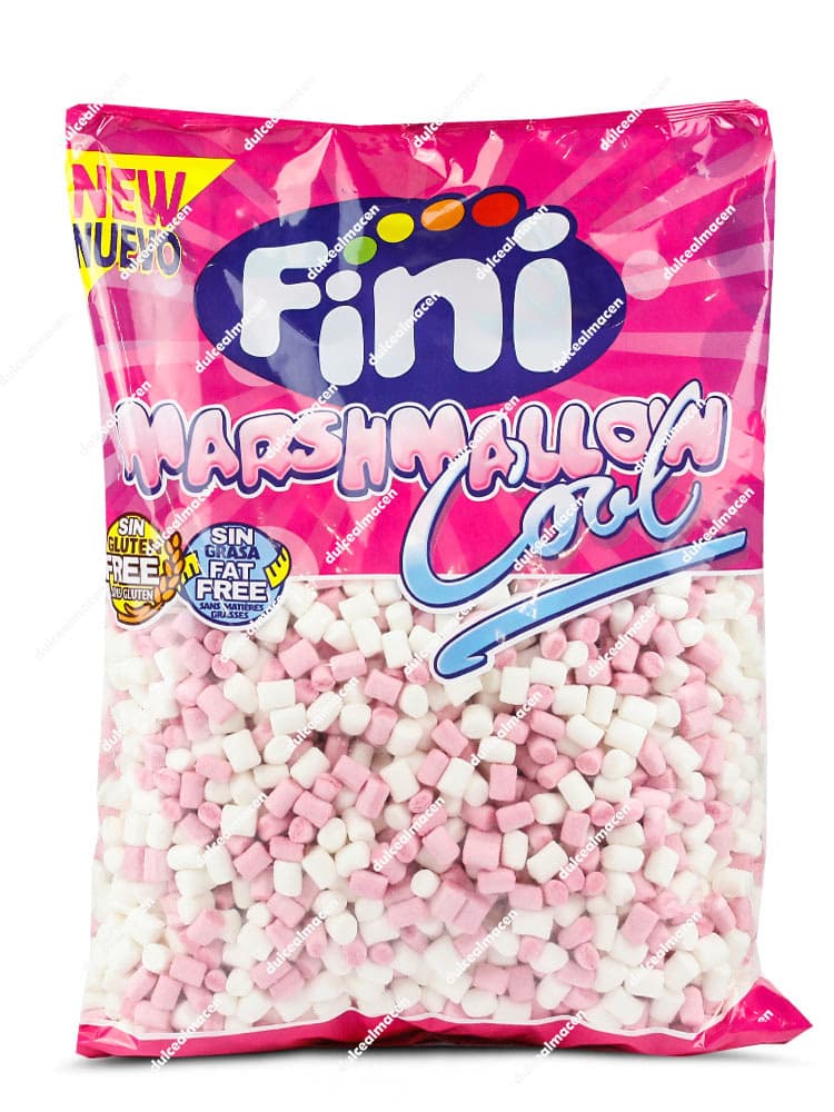 Bolsa de 1 kg de Finitronc Toppings (Marshmallow Cool), mostrando mini nubes blancas y rosas con sellos de sin gluten y sin grasa - Dulcealmacen