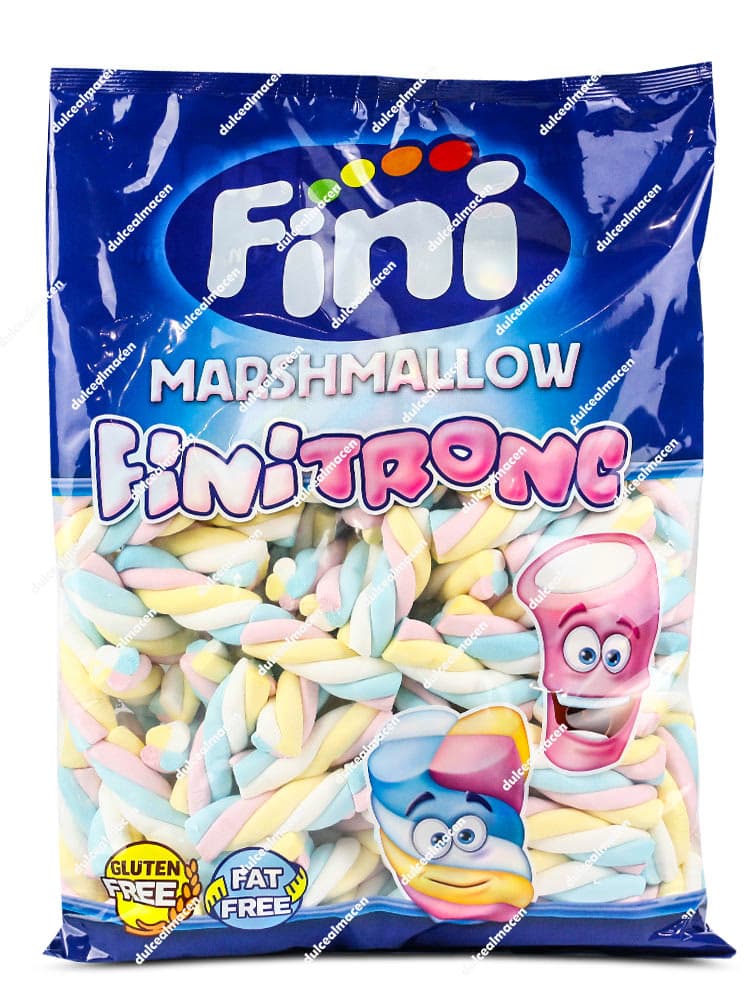 Bolsa de 125 unidades de marshmallows Fini Finitronc Twistis, mostrando nubes en forma de espiral multicolor con sellos de sin gluten y sin grasa - Dulcealmacen