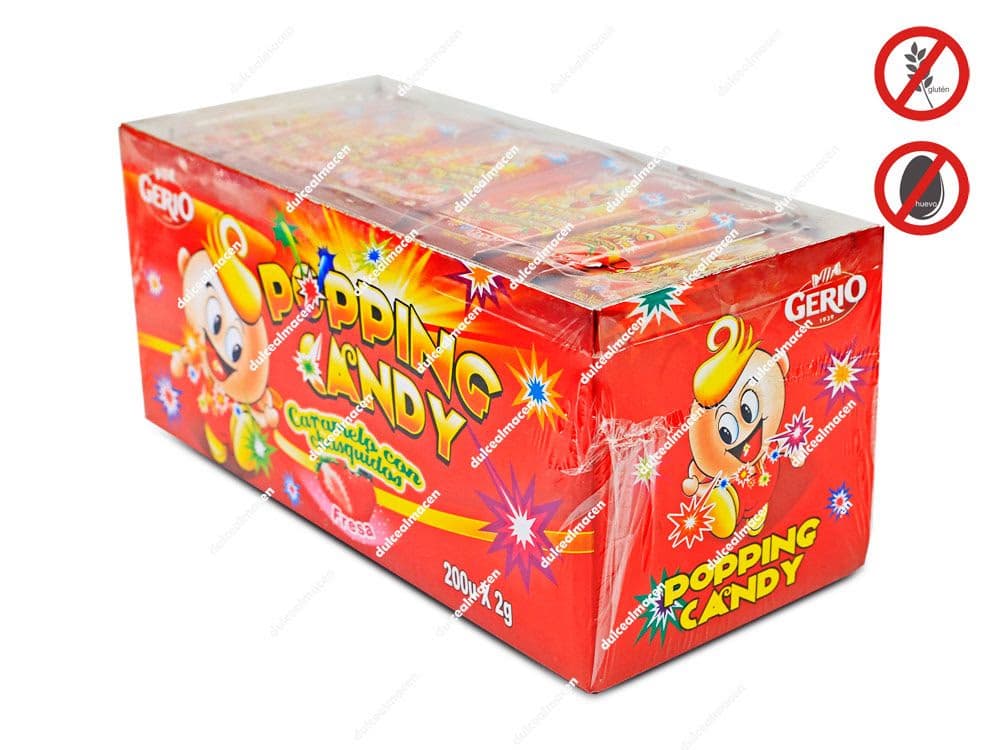 Caja roja expositora de Gerio popping candy 200 uds con sobres de sabor fresa y sellos de sin gluten y sin huevo - Dulcealmacen
