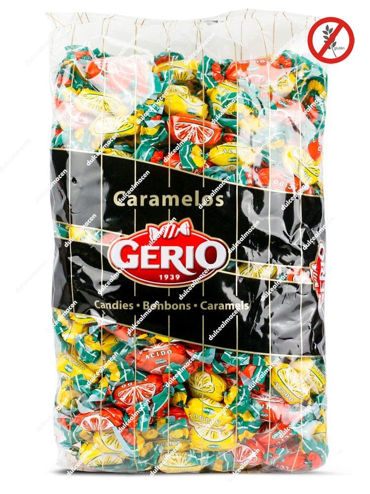 Bolsa de Gerio Gajos Ácidos Naranja y Limón 1 kg con caramelos envueltos visibles y sello de Sin Gluten - Dulcealmacen