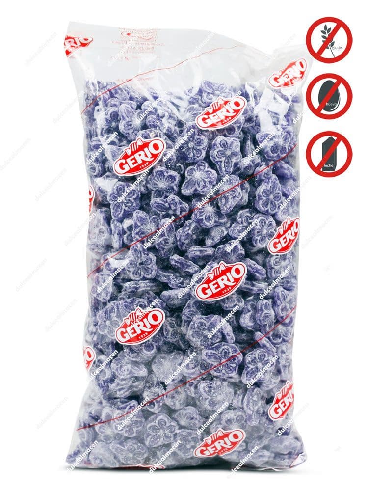 Bolsa de Gerio Violetas 1 kg mostrando los caramelos morados con forma de flor y sello de Sin Gluten - Dulcealmacen
