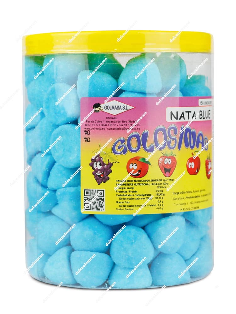 Bote de plástico transparente con tapa amarilla que contiene 150 unidades de gominolas de espuma Golmasa Nata Blue de color azul vibrante - Dulcealmacen