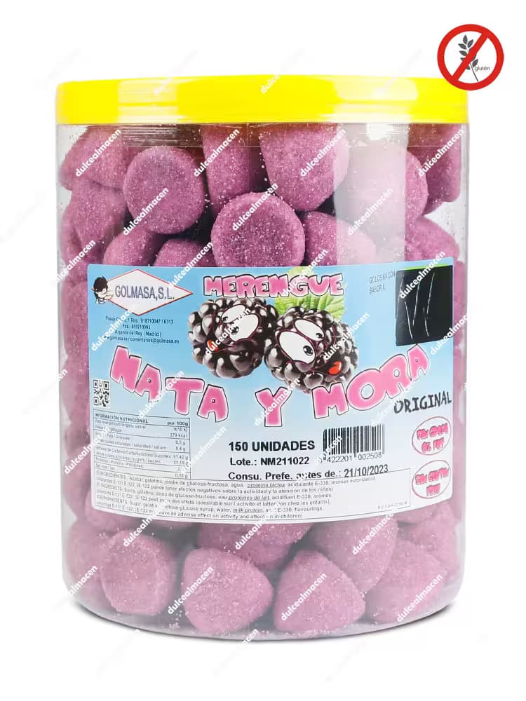Bote transparente de gominolas Golmasa Merengue Nata y Mora con tapa amarilla mostrando el producto morado con azúcar y sellos de Sin Gluten y 0% Grasa - Dulcealmacen