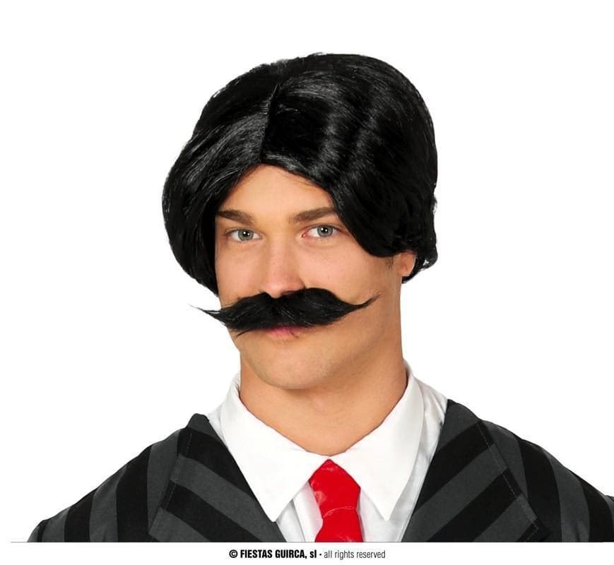 GU peluca negra con bigote en caja