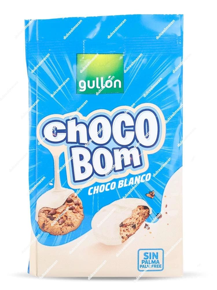 Bolsa azul brillante de galletas Gullon Mini Choco Bom Blanco 100 gr mostrando ilustraciones de galletitas bañadas en chocolate blanco y el sello sin palma - Dulcealmacen archivo image_652c35.png