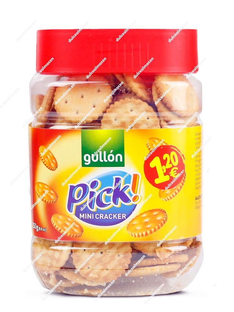 Tarro transparente con tapa roja de galletas Gullón Mini Bites Cracker 250 gr mostrando la etiqueta amarilla de la gama Pick y el precio de 1.20 euros - Dulcealmacen archivo image_0be8a2.png