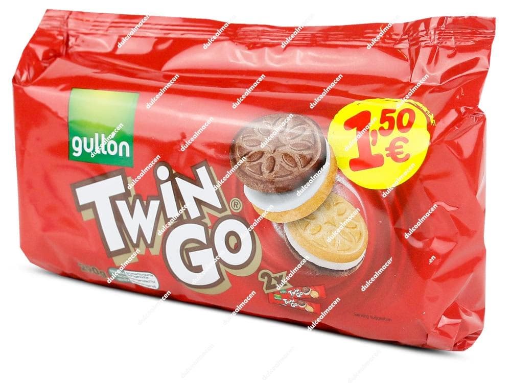 Paquete de color rojo de galletas Gullon Twin Go 290 gr con el precio promocional de 1.50 euros y la ilustración de dos galletas rellenas de crema - Dulcealmacen archivo image_64cdab.jpg