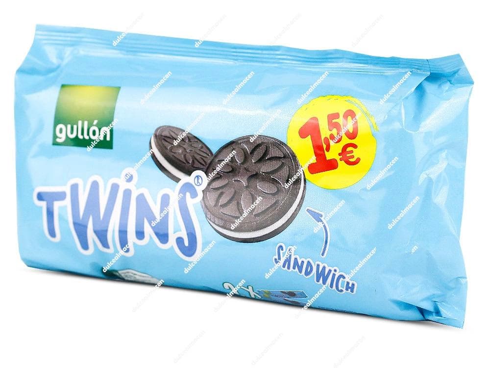Paquete azul claro de galletas Gullon twins PVP 1.50 308 gr mostrando la ilustración de dos galletas sándwich de cacao y crema al lado del sello amarillo de precio marcado - Dulcealmacen archivo image_8da845.jpg