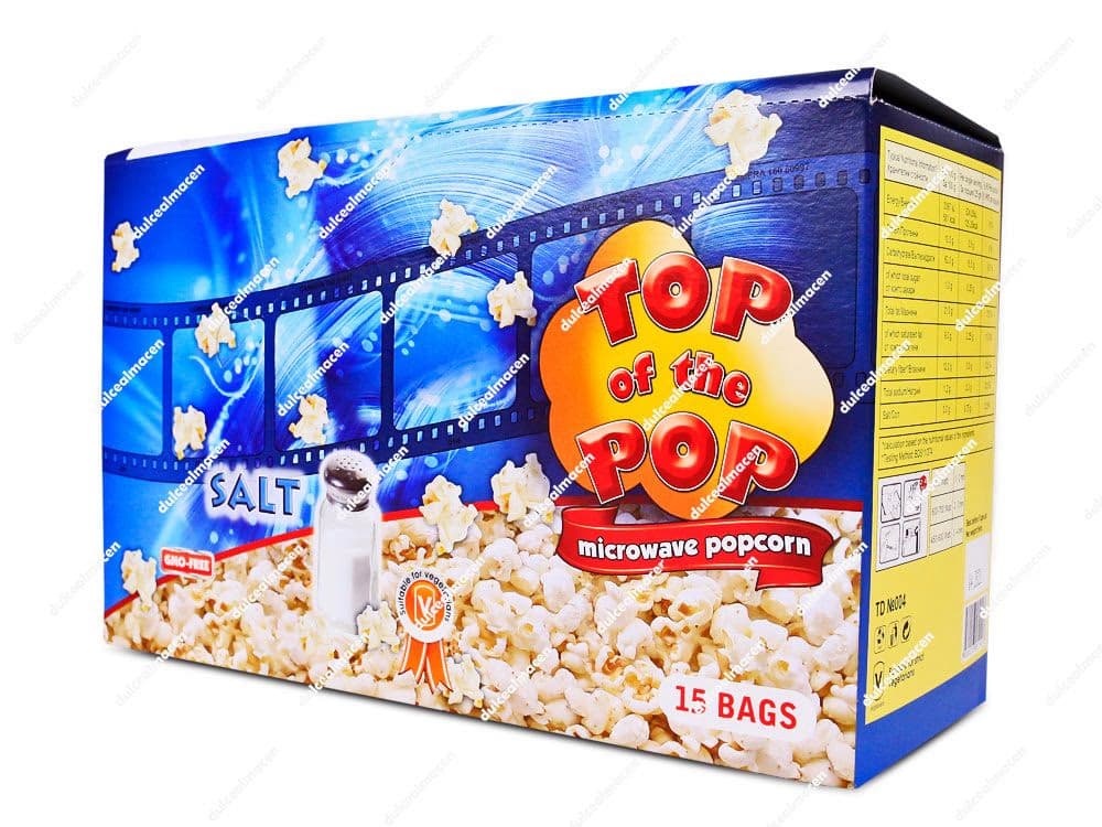 Bolsa individual de palomitas para microondas de la marca Top of the Pop sabor sal de 100 gramos, dispuesta al lado de un tazón blanco lleno de palomitas de maíz crujientes recién hechas - Dulcealmacen