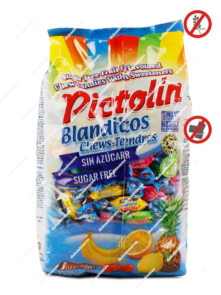 Bolsa de 1 kg de caramelos masticables Pictolín Blanditos Frutas sin azúcar con sellos de sin gluten y sin azúcar - Dulcealmacen