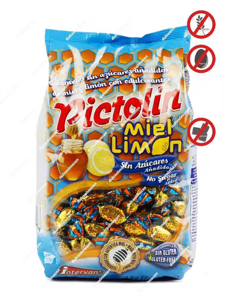 Bolsa de 1 kg de caramelos Pictolin sabor Miel y Limón sin azúcares añadidos, certificados sin gluten, sin huevo y sin lactosa - Dulcealmacen
